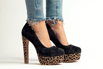 A person wearing black suede platform pumps with a leopard print sole and heel paired with light wash frayed denim