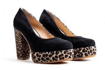 Pair of platform pumps with black suede uppers and leopard print platform  block heels posed on a white background