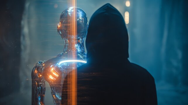 Dramatic encounter between human and AI, neon-lit circuitry, glassy biomechanical silhouette, city lights in the background.