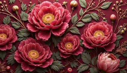 Luxurious red, pink peony flowers bloom with green leaves on rich burgundy background. Golden decorative elements intertwine throughout elegant seamless floral pattern. Textured design resembles