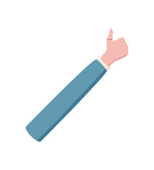 Cartoon hand gesture with finger showing number one. Raised hand pose marking number one for counting. Flat style design, clothed arm with sleeve, isolated concept, professional for educational or