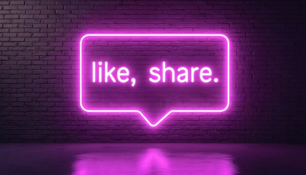 Neon sign on brick wall promotes social media engagement. Text inside light rectangle urges audience to like share. Digital marketing concept in violet color.