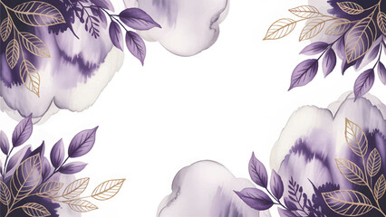 Elegant purple and gold floral frame background , Luxury violet watercolor wedding invitation border , Abstract botanical dark leaves template design