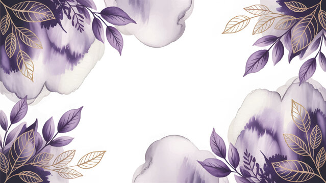 Elegant purple and gold floral frame background , Luxury violet watercolor wedding invitation border , Abstract botanical dark leaves template design - Powered by Adobe