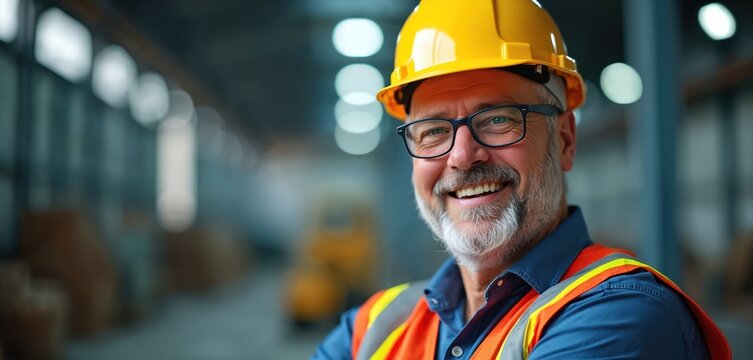 Smiling man with glasses wears yellow hard hat and safety vest inside industrial warehouse. Mature worker happy on job in factory, ready for production, pro foreman.