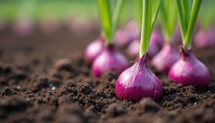 Purple onion bulbs grow in the rich soil. Green shoots emerge from ground. Agriculture cultivates crop in farm garden. Close up surface of dirt with rows of plants. Food grows.