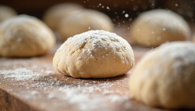Soft raw dough balls rest on rustic wooden surface. Fresh white flour lightly dusts round shape, patiently awaiting baking time. Wholesome homemade preparations show fermentation process, essential - Powered by Adobe