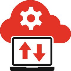 Red Cloud Icon With White Gear Symbol Above Laptop Displaying Upload Download Arrows On Transparent Background