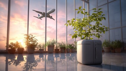 Modern airport interior with potted plants and a traveling airplane.