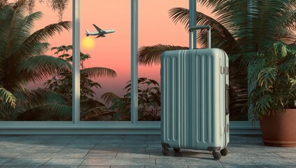 Light teal suitcase next to a window overlooking a tropical sunset.