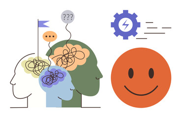 Three tangled minds progressing toward clarity alongside a smiling face and gear, symbolizing resolution. Ideal for mental health, problem-solving, teamwork, communication, growth, motivation, simple