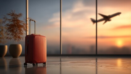 Red suitcase in an airport terminal at sunset.
