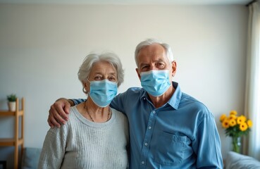 An older couple poses together in their home wearing medical masks. Elderly man puts arm around his wife. Pandemic time portrait. Senior people in masks.