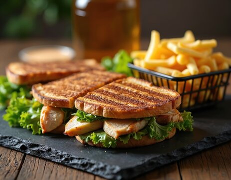 Grilled chicken sandwich with fries on stone plate. Sandwich with poultry and fresh salad served on wooden table. Delicious fast food meal with sauce and drink. - Powered by Adobe