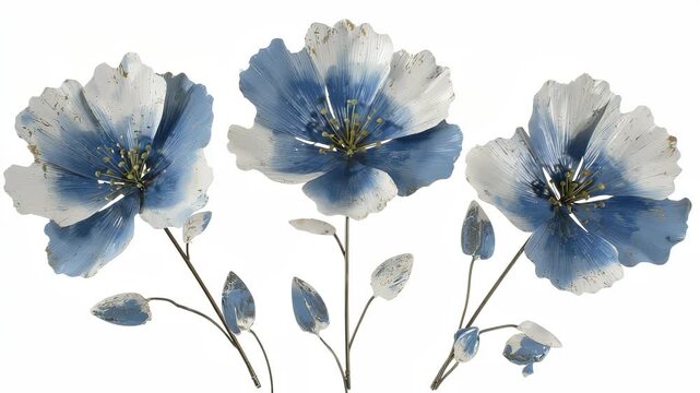 Three delicate blue flowers are beautifully arranged, showcasing their intricate petals and blossoms. Each flower exhibits a soft elegance that captivates attention and invites adm