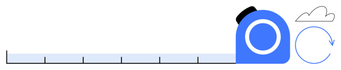 Retractable measuring tape extending, cloud and circular arrow symbolize progress, scalability, precision. Ideal for growth, measurement, planning, construction, optimization innovation simple flat