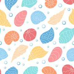 Seamless cartoon underwater shell pattern. Marine design with aquatic seashell shapes and ocean motifs. Vibrant doodle texture, playful sea elements, ideal for summer theme backgrounds.