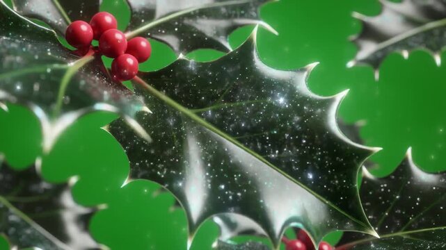A vibrant close-up of classic green holly leaves adorned with bright red berries and a delicate, sparkling frosty effect, ideal for seasonal celebration designs.