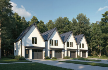 Newly built modern white houses with dark roofs, garage doors. Contemporary residential townhomes line green street. Property development for families in quiet suburban neighborhood surrounded by