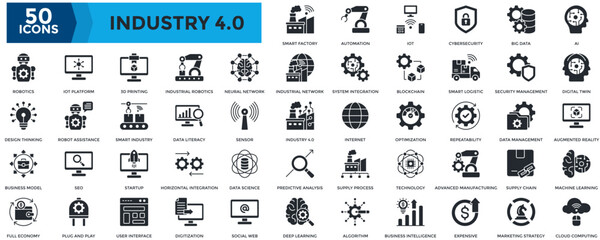 Industry 4.0 Icon Set. Containing Smart Factory, Automation, Iot, Ai, Digital Twin, Augmented Reality, Machine Learning, Cloud Computing, Robotics Icon. Glyph Style