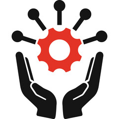 Red Cogwheel Mechanism Held by Two Black Hands with Outward Spokes Against Transparent Background Simple Iconography