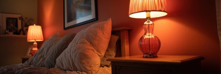 Soft light illuminates a bedroom bedside table.