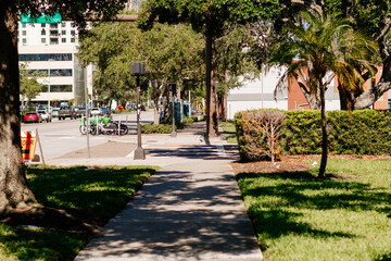 City streets with palm trees on a sunny summer day. A beautiful modern city with skyscrapers and street art. Tampa, Florida, during the holiday season. St.Petersburg, Florida, USA 13 June 2025. 