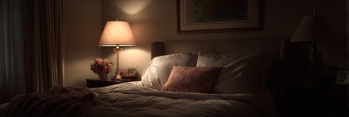 A bedroom interior illuminated by a table lamp.