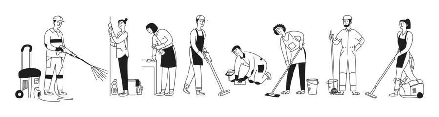 Doodle set of cleaning people. Men and women clean, wash, and wipe down the room. Mini washing machine. Cleaning company, janitors. Vector isolated illustration.