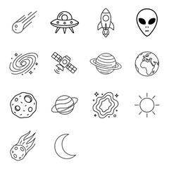 Set of black and white space-themed icons includes: comet, UFO, rocket, alien face, galaxy, satellite, Saturn-like planet, Earth, moon, and the sun. Each icon is outlined