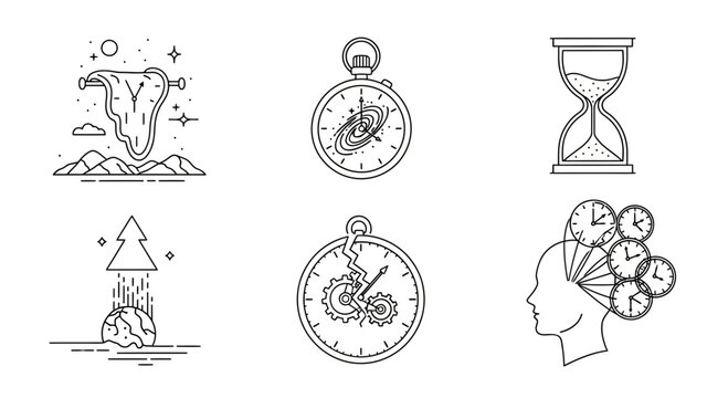 Surreal melting clocks, cosmic pocket watch, hourglass, brain tree growth, broken gears, and mind clocks represent time concepts