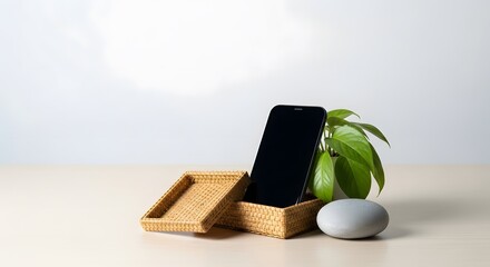 Minimalist Smartphone Display with Natural Elements perfect for tech blogs, wellness articles, eco-friendly brands, website banners, social media