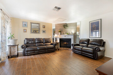 Prescott, Arizona - aug 13 2024:A cozy living room that features two comfortable couches along with a fireplace