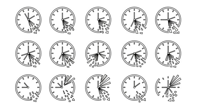 Dynamic clock icons showcasing time fragmentation and loss in a modern, conceptual design ideal for business and project management