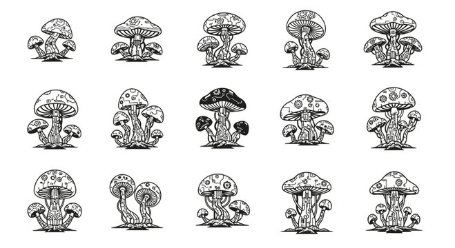 Whimsical steampunk mushrooms with intricate circuit board details offer a unique blend of nature and technology for creative projects