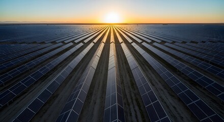 Vast Solar Panel Field at Sunset perfect for website banner, environmental reports, energy company marketing, editorial content, sustainability