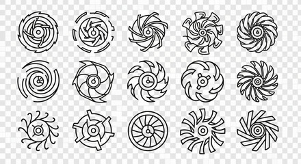 Dynamic turbine, fan, and propeller icons offer versatile design elements for modern industrial and tech projects showcasing rotation and motion