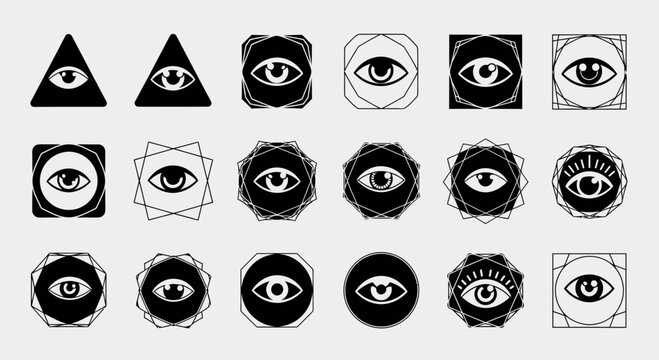 Mysterious eye symbols, sacred geometry icons, and all seeing eye designs for spiritual or mystical themes