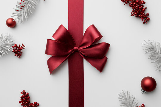 Gift box wrapped in deep red ribbon, surrounded by pine branches, ornaments, and pine cones, creating a festive holiday atmosphere with elegant presentation