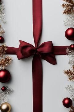 Gift box wrapped in deep red ribbon, surrounded by pine branches, ornaments, and pine cones, creating a festive holiday atmosphere with elegant presentation