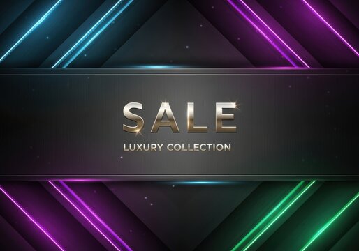 Luxury Collection 'SALE' Banner with Metallic Plate and Neon Lines - Powered by Adobe