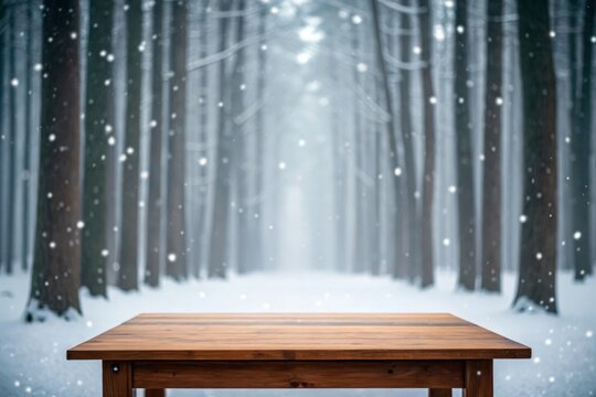 Wooden table in a snowy forest with falling snowflakes, perfect for winter product placement