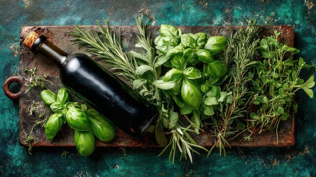 Dark glass bottle rests beside an assortment of fresh green culinary herbs on a rustic cutting board