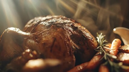 A succulent roasted chicken rests on a wooden surface, with sunlight illuminating the flavorful skin. This roasted chicken evokes warmth and invites family to share a comforting me