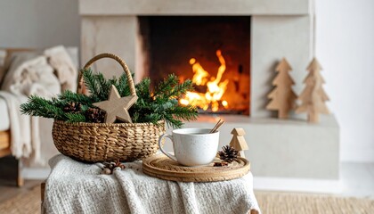Winter cozy living room in farmhouse. Stylish cup of warm tea, basket with fir branches, wooden trees and star, pine cones against burning fireplace.
