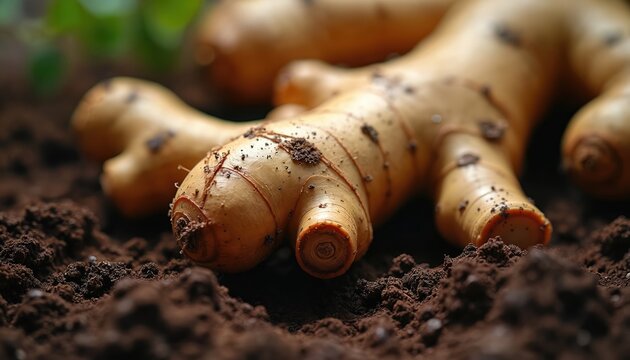 Close up of fresh ginger root on dark rich soil. Knobby texture shows natural growth. Organic plant rhizome dirt, hints of green leaves in background. Healthy ingredient for cooking, spice, herbal