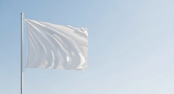 Waving Blank White Flag Against Blue Sky with Copy Space perfect for website banner, presentation slide, graphic design background, social media post, - Powered by Adobe