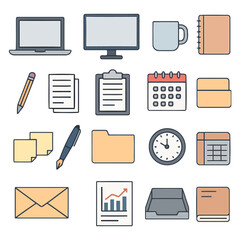 Modern Workspace Essentials: A flat-lay arrangement showcases a collection of essential office items, from laptops and monitors to notepads and pens.