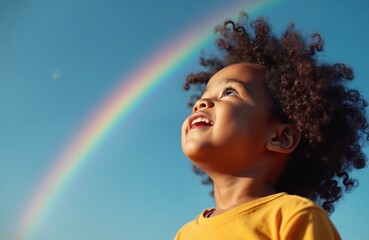 Naklejka premium Little black child with curly hair looks up at rainbow in blue sky. Girl smiles enjoying vibrant colors. Feels joy, wonder at nature. Happy kid watches colorful arc in bright sunlight during summer.