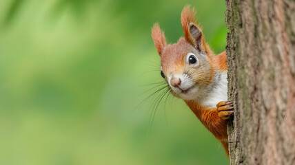 Fototapeta premium Ein neugieriges rotes Eichhörnchen schaut hinter einem Baum hervor, unscharfer grüner Hintergrund mit viel Platz für Text